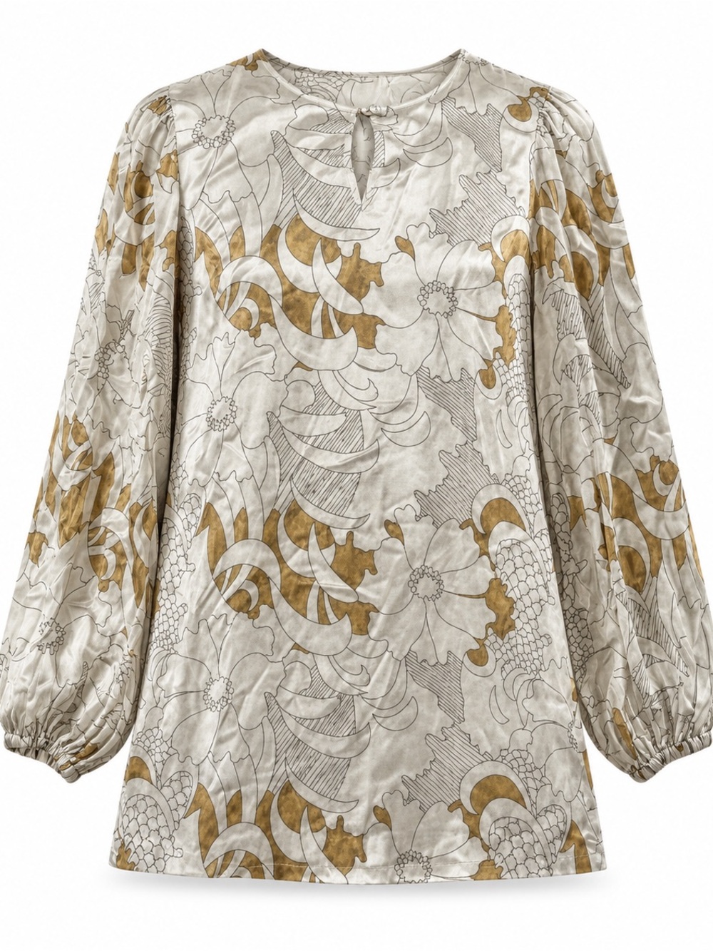 Traffic People Cream Gold Floral Linen Blend Tunic Blouse Size M
